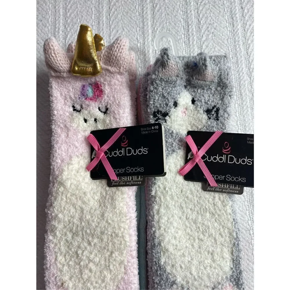 Cuddl Duds Girls Shoe Size 4-10 Lounge Crew Slipper Socks Total 4 Pr